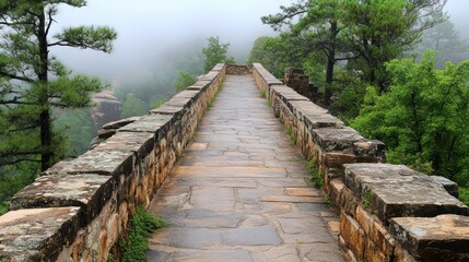 Obraz premium Misty mountain bridge pathway stone walkway through green trees and fog