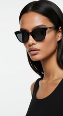 Stylish young woman confidently wearing sleek black cat-eye sunglasses, showcasing modern fashion accessories and a trendy look, perfect for summer elegance and sun protection