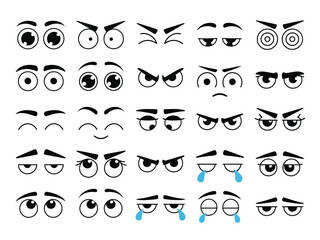 cartoon eyes vector set, funny human eyes, angry and happy expressions, comic character caricatures, doodle style eye emotions, isolated flat vector icons for web and app design.