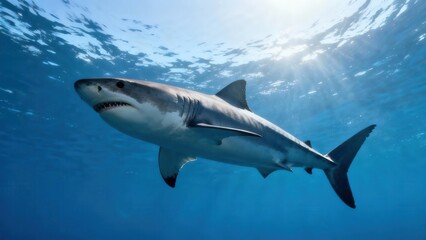 Obraz premium Massive Carcharodon carcharias Great White Shark predator swimming menacingly underwater against bright sun rays filtering through the ocean surface.