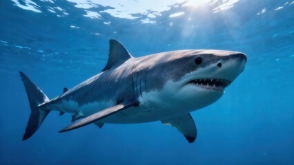 Fototapeta premium Large Great White shark gliding through clear blue ocean water with sunlight filtering down from the surface.