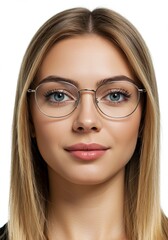 Captivating portrait of a beautiful young woman with bright eyes, wearing stylish modern glasses, exuding a smart and approachable demeanor with a subtle, friendly smile on a pristine white background