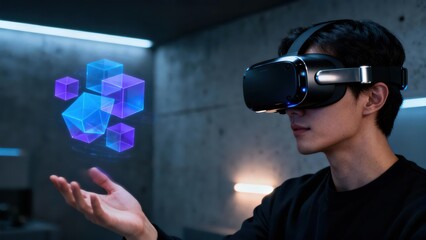 Asian male wearing black virtual reality headset views blue and purple holographic data blocks floating over his outstretched hand.