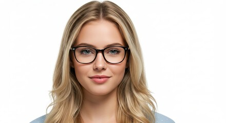 Obraz premium Portrait of a confident young woman with flowing blonde hair, wearing stylish modern eyeglasses, looking directly at the camera with a warm and friendly smile on a clean, bright white background
