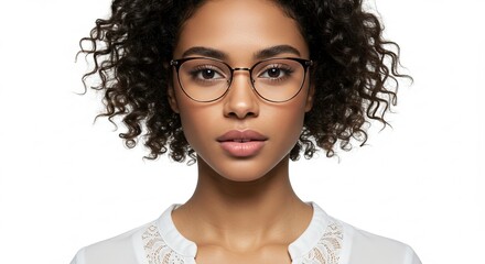Captivating studio portrait of a young African American woman with elegant curly hair, wearing stylish modern eyeglasses, exuding confidence and intelligent charm