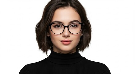 Close-up studio shot of a beautiful young woman with sleek short hair, adorned with trendy black-rimmed glasses, radiating a smart and approachable presence on a clean white backdrop
