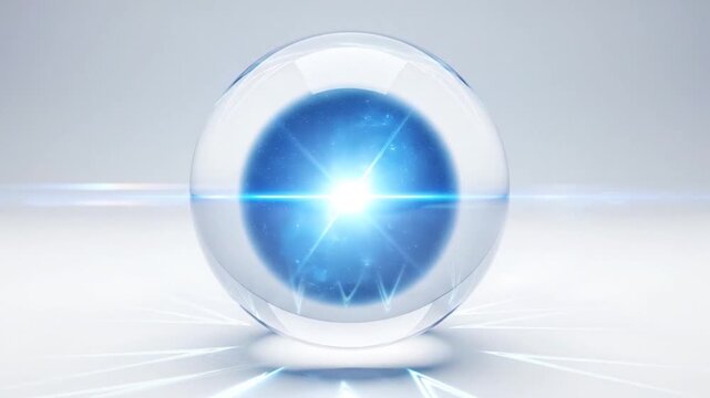 A transparent glass sphere with a bright blue light at its center, casting a radiant glow on a plain white surface.
