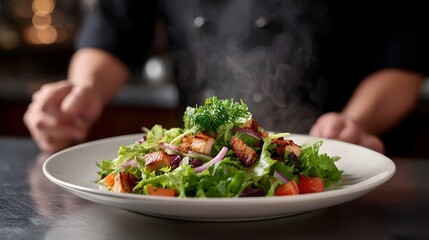 A hot and steamy grilled chicken salad beautifully arranged on a white plate is presented by a chef in a professional kitchen setting