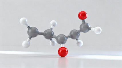3D visualization of an organic molecule structure with gray carbon, red oxygen, and white hydrogen atoms connected by chemical bonds.