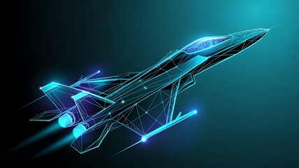 Futuristic Fighter Jet Low Poly Abstract Design. Blue Glowing Military Aircraft in Digital Tech Style