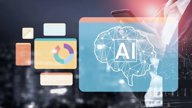 Futuristic Business Concept with AI Technology Integration and Data Visualization in Urban Nightscape, Highlighting Digital Innovation and Connectivity Gluon. - Powered by Adobe