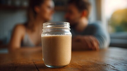A healthy smoothie in a condensation covered jar sits on a wooden table with a blurred couple sharing a moment in the background