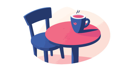 A charming illustration depicts a cozy cafe scene with a blue chair and a round table, featuring a steaming mug of a beverage, perfect for inviting warmth and relaxation.