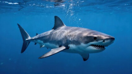 Fototapeta premium Dangerous Great White Shark swimming gracefully in deep blue ocean water, illuminated by sunlight filtering through the surface.