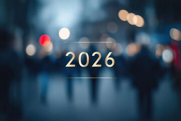 Golden numerical year marker symbolizes forward-looking business planning perspective against blurred metropolitan backdrop scenery.