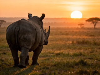 Fototapeta premium Magnificent and dramatic silhouette of a rhinoceros wandering on the African savannah grassland bathed in golden sunset and red glow