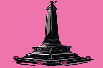 A striking illustration showcases a black obelisk monument with intricate details, set against a vibrant pink backdrop, and adorned with delicate pink rose accents, creating a bold visual statement.
