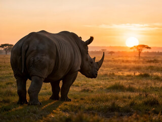 Fototapeta premium Magnificent and dramatic silhouette of a rhinoceros wandering on the African savannah grassland bathed in golden sunset and red glow