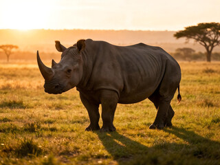 Obraz premium Magnificent and dramatic silhouette of a rhinoceros wandering on the African savannah grassland bathed in golden sunset and red glow