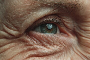 Close up of an elderly lady's eye showcasing intricate wrinkles and vibrant blue iris, capturing the essence of age and wisdom in a tranquil setting during daylight