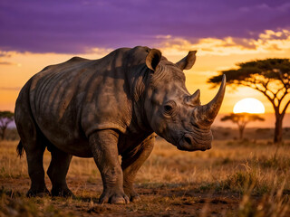 Magnificent and dramatic silhouette of a rhinoceros wandering on the African savannah grassland bathed in golden sunset and red glow