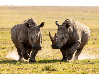 Obraz premium Vibrant and wild moments of rhinoceroses running vigorously or grazing peacefully on the wide green grasslands under daylight