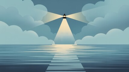 Beacon of Hope Shining Light Across Calm Ocean Waters Under Cloudy Sky.
