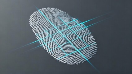 White human fingerprint pattern undergoing biometric scanning verification with bright cyan laser beams on a dark futuristic background.