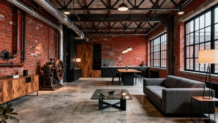 Luxurious industrial style open concept room featuring exposed red brick walls, concrete floor, modern gray sofa, and vintage machinery decor.