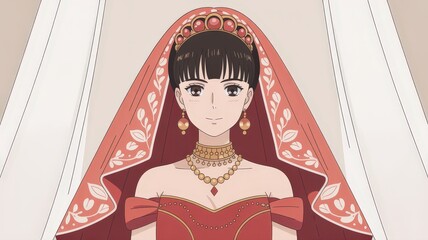 Beautiful Anime Bride in Traditional Red Wedding Dress and Veil.