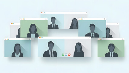 Video conference interface with multiple user windows and business avatars on light background. GENERATIVE AI

