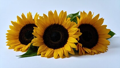 Three vibrant sunflowers in full bloom against a soft backdrop.