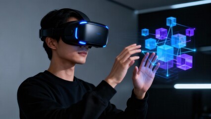Asian male uses virtual reality headset to manipulate glowing blue and purple networked data cubes in a dark technological setting.