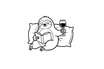 Hand-Drawn Sloth with Wine and Book Illustration, Minimalist Black and White Relaxed Reading Vector Art Generative ai 