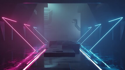 Futuristic Neon Arrows in Hazy Cyber Tunnel | Pink and Blue Light Reflections on Wet Floor