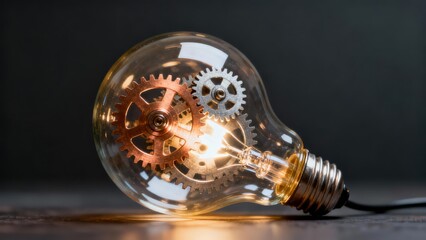 Illuminated light bulb containing intricate copper and silver gears rests on a dark gray surface, representing creative mechanical processes.