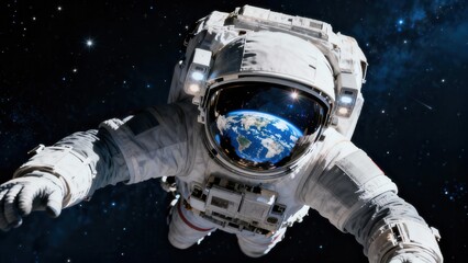 White suited astronaut floating through deep space with reflection of planet Earth visible on the helmet visor.