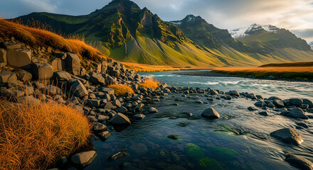 Mountain River Landscape Golden Grass And Rocks