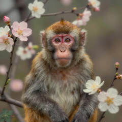 Japanese Macaque Monkey Surrounded by Cherry Blossoms in Soft Spring Light Close Up
