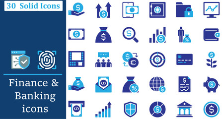 modern finance and banking solid icon set with 30 vector symbols for money, payments, security, analytics and investment. fully editable eps 10 format