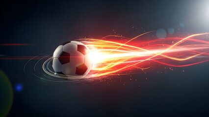 Dynamic soccer ball with intense glowing red and orange light trails creating an abstract energy flow on a dark background