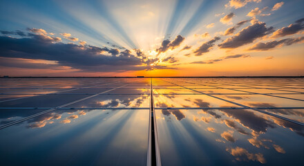 Solar Panels Sunset Sky Reflection Renewable Energy