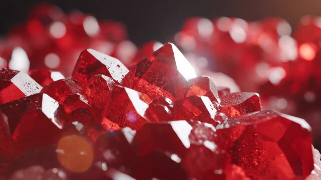 Closeup of a vibrant red crystal cluster showcasing its intricate facets and brilliant sparkle under natural light perfect for backgrounds and abstract themes.