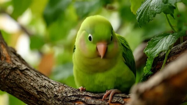 A green bird perched on a branch, surrounded by lush foliage.