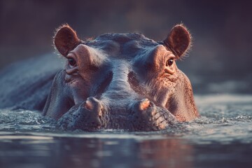 Fototapeta premium Hippopotamus emerges from water in Kruger National Park at sunset, showcasing its unique features and habitats in its natural environment