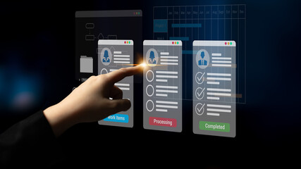 Digital interface displaying project tasks under Work Items, Processing, and Completed categories with Gantt chart timeline visualization Parse