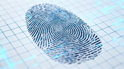 Detailed blue digital fingerprint pattern shown on a glowing futuristic grid background representing biometric security identification.