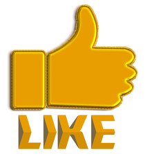 Golden foil thumbs up like icon button with metallic shine and luxury texture. Premium social media reaction symbol with like text below, isolated png on transparent background for UI, app interface, 