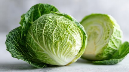 Fototapeta premium Fresh Green Cabbage on a Neutral Background With Natural Light Highlighting Its Texture and Details in a Modern Food Setting