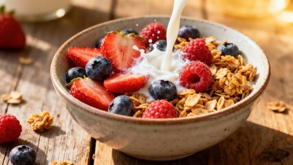 Creamy milk pours into a stone bowl containing crunchy granola, fresh strawberries, plump blueberries, and sweet raspberries in bright morning sunlight.